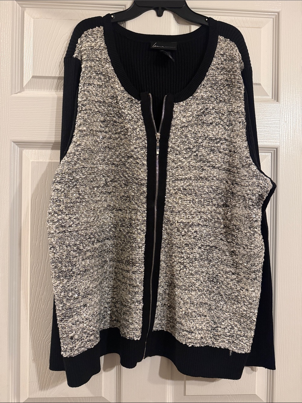 Lane Bryant Black and Gray Sequin Zip-Front Knit Sweater Vest